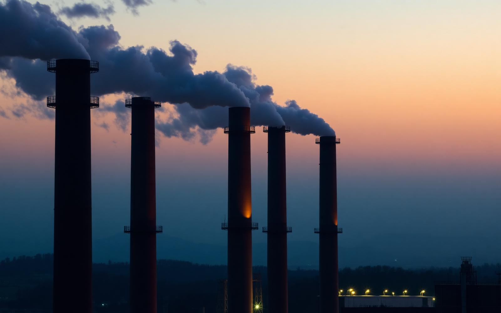 Industrial emission stacks at dusk